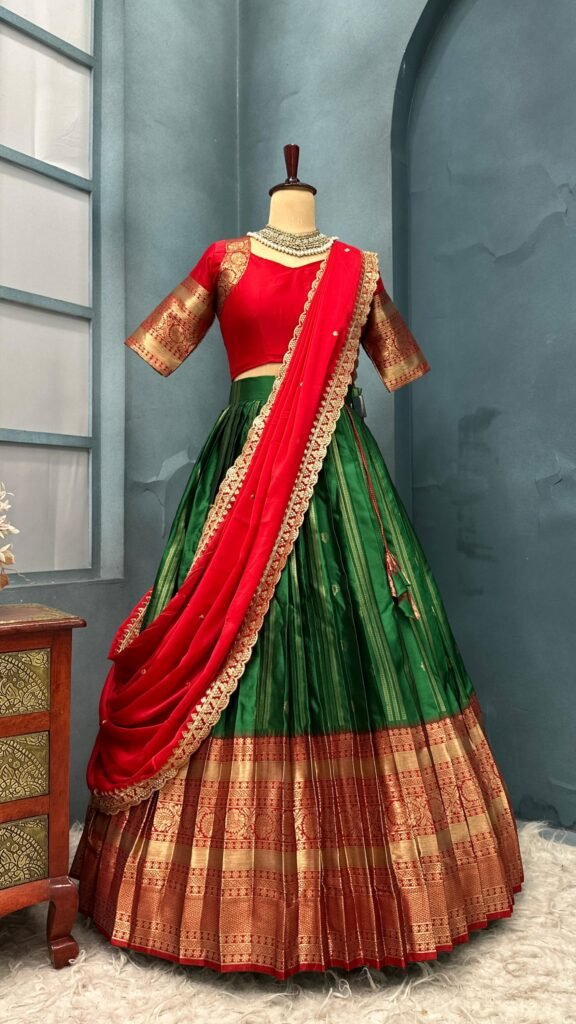 Red and Green Combination Traditional Half Sarees