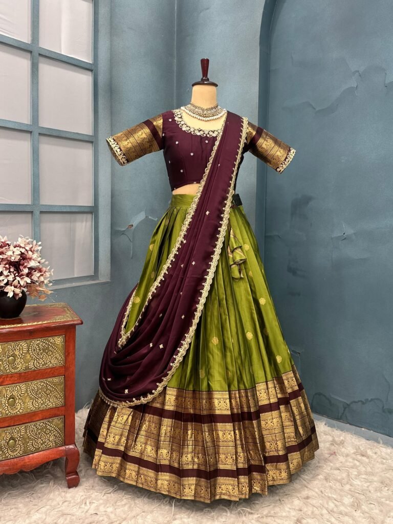 Brown and Green Contrast Half Sarees